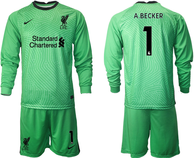 2021 Men Liverpool green goalkeeper long sleeve #1 soccer jerseys
